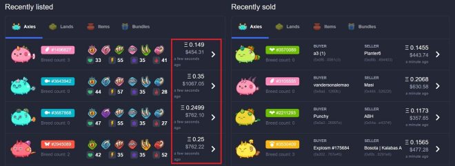 Axies trades through the Marketplace.axieinfinity.com website